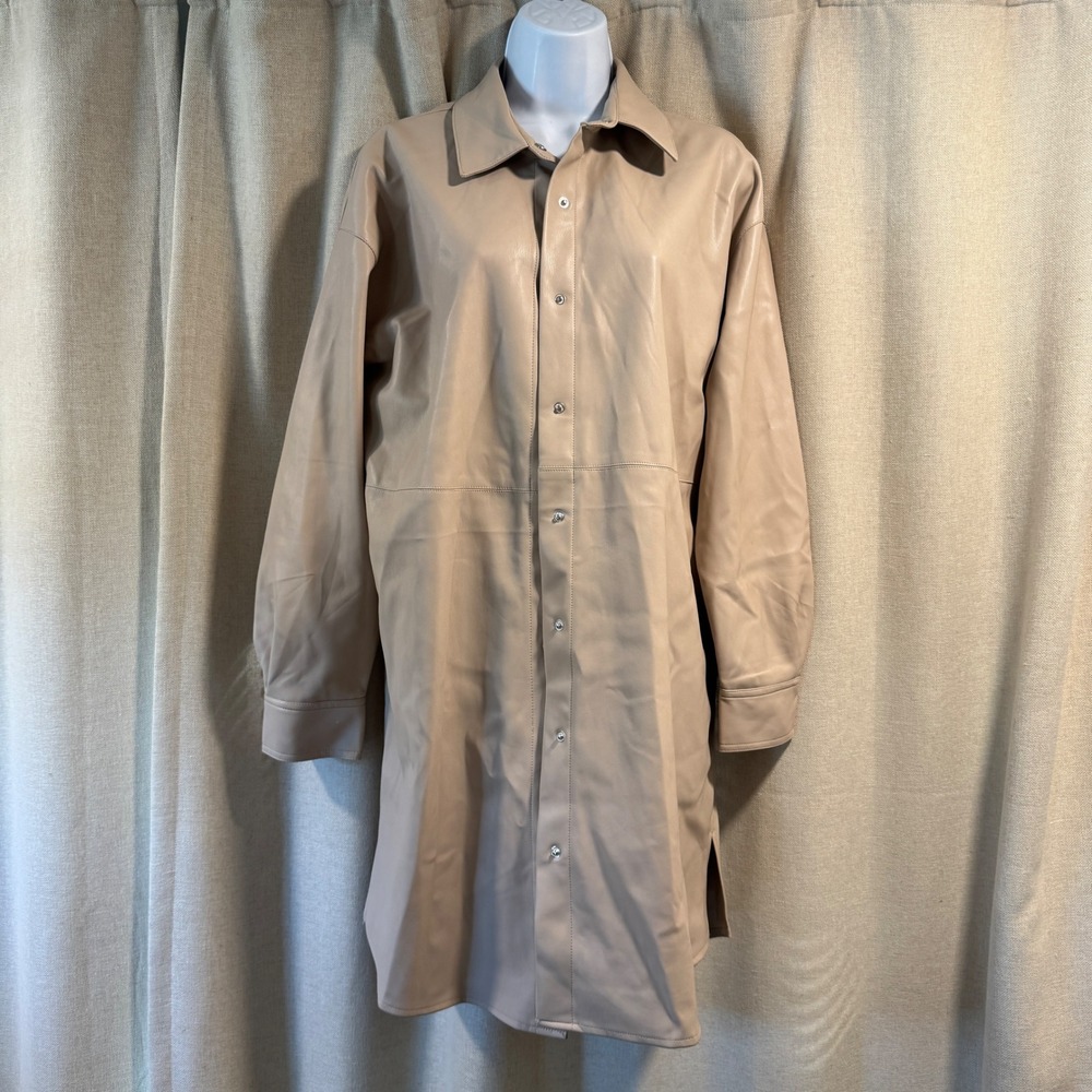 Verasona Faux Leather Shirt‎ Dress Beige Button Front Long Sleeve Career Medium